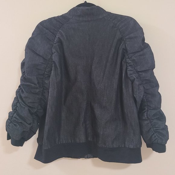 Trendy and Flattering KENNETH COLE Black Denim Bomber Jacket with Ruched Sleeves - Picture 2 of 5